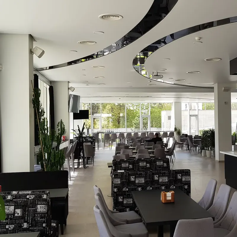 Café room with curved multi-level stretch ceilings and a curved level transition