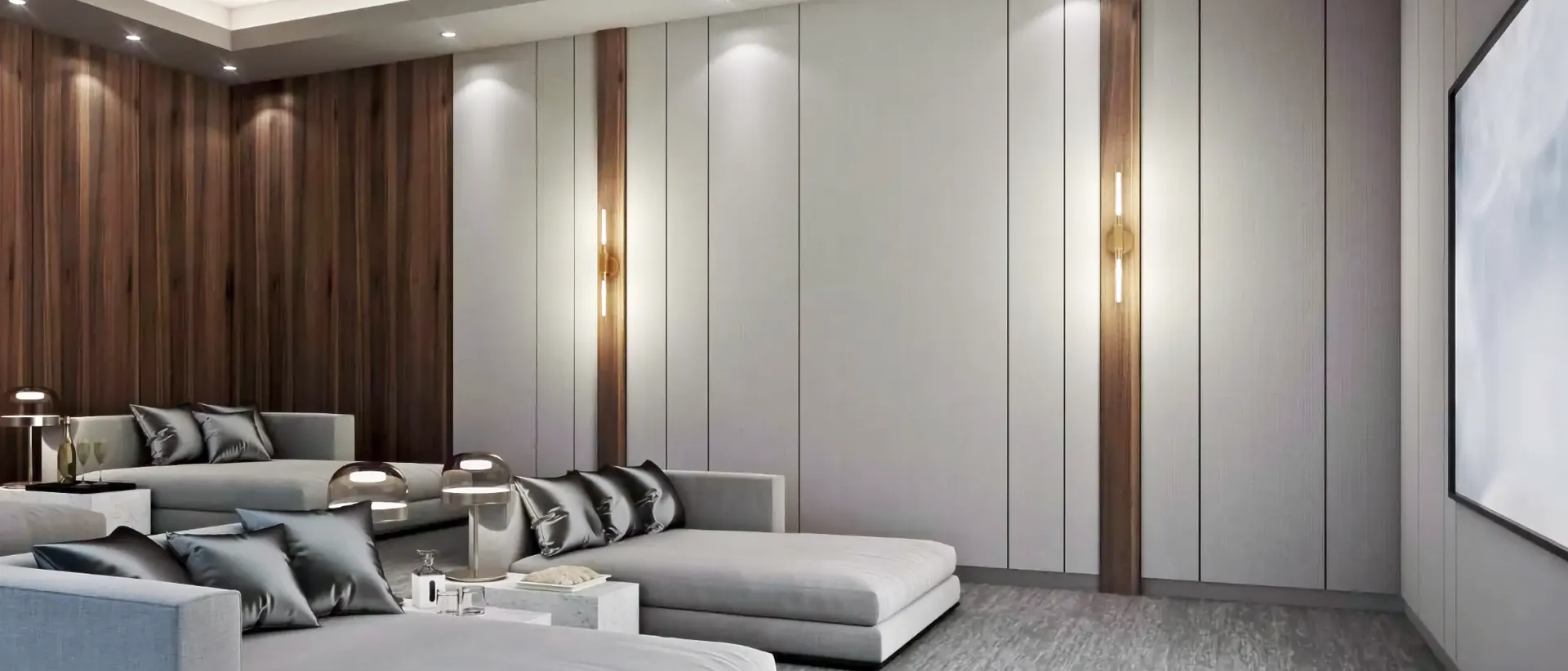 Home cinema interior with acoustic stretch ceiling and walls, concealed lighting