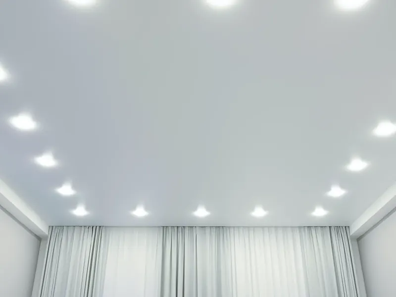 Seamless matt stretch ceiling plane with recessed luminaires